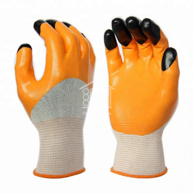 Перчатки Облитая ладонь Нейлоновые Плотный облив Оранж., синие с черными кончиками/960пар/12пар/0211